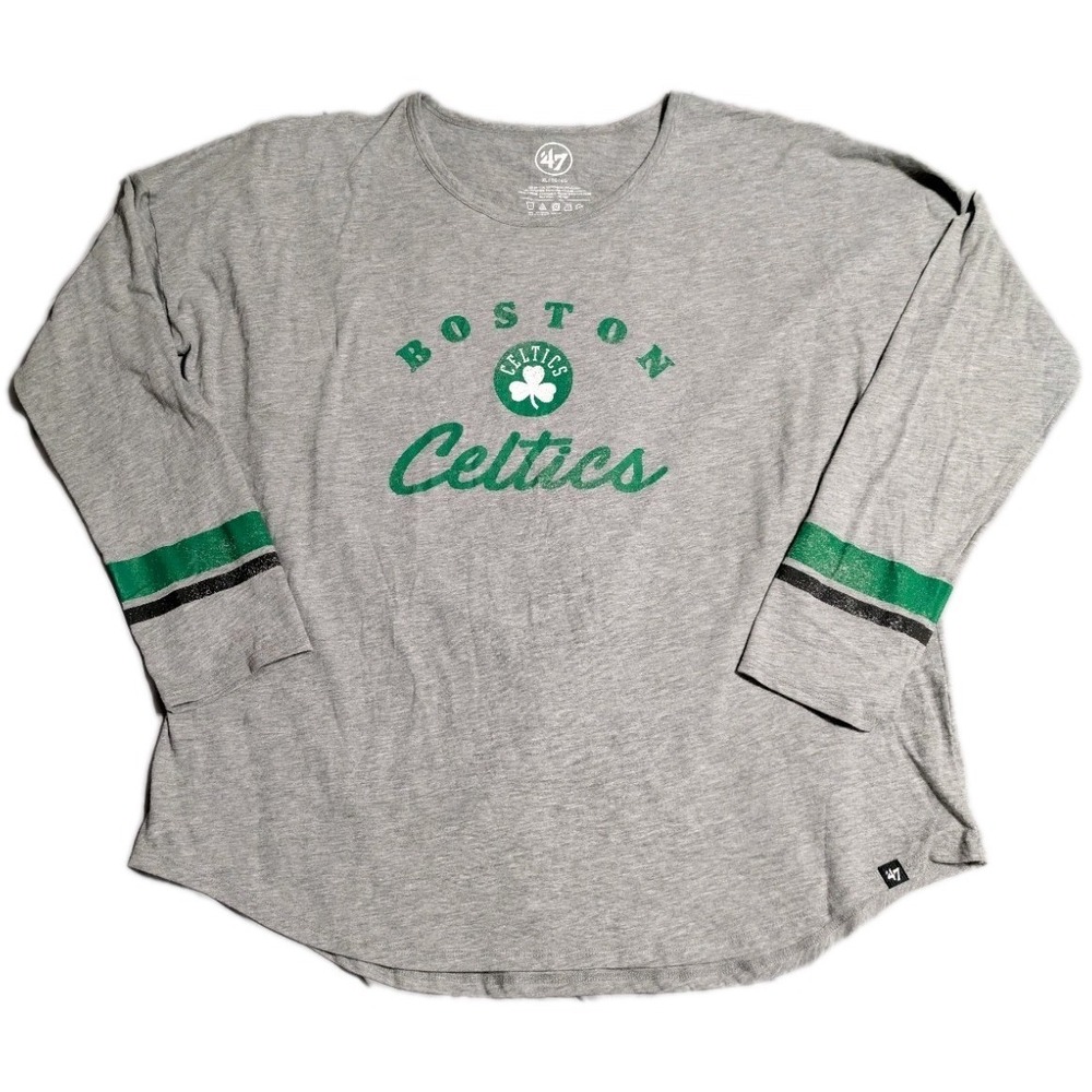 Boston Celtics Long Sleeve Shirt Womens XL Gray '47 Brand NBA Stripe Sleeve
